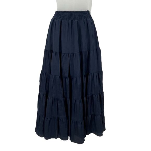 MISA LOS ANGELES Tiered Maxi Peasant Skirt Navy Blue Smocked Pull On XS NEW - Picture 6 of 15